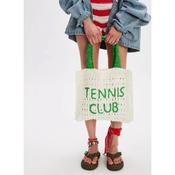 Free People Handbags - New Free People De Siena Tennis Club Raffia Tote Bag White Green